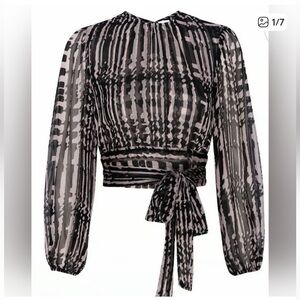 Women's Misa  Black and Blush Patterned Long-sleeve Blouse open tie back